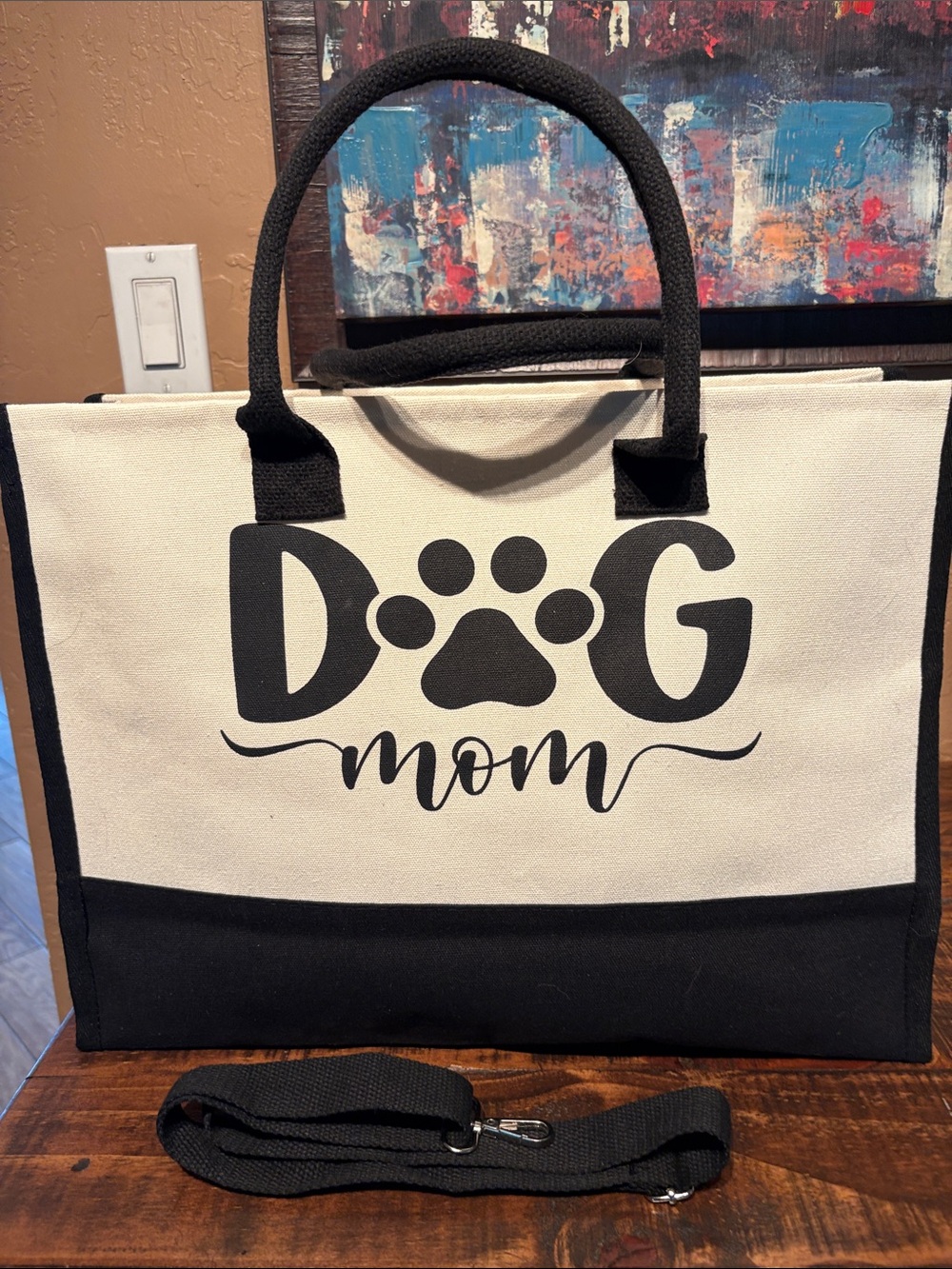 Dog Mom Canvas Large Tote Bag - Black and Cream NEW